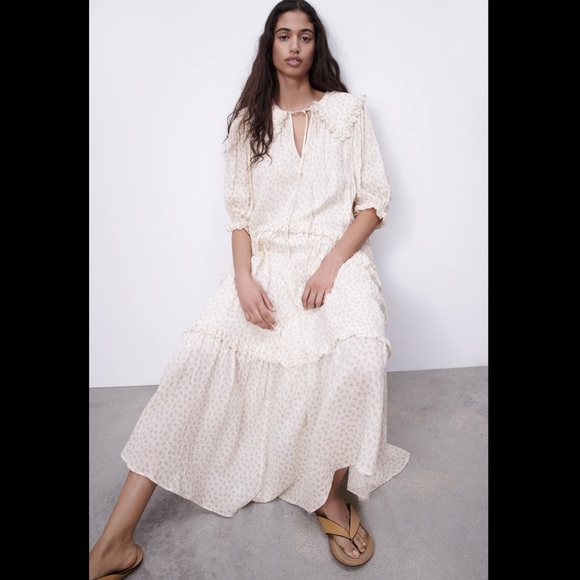 ZARA Floral Printed Muslin Midi Dress Ecru Beige - Picture 7 of 16